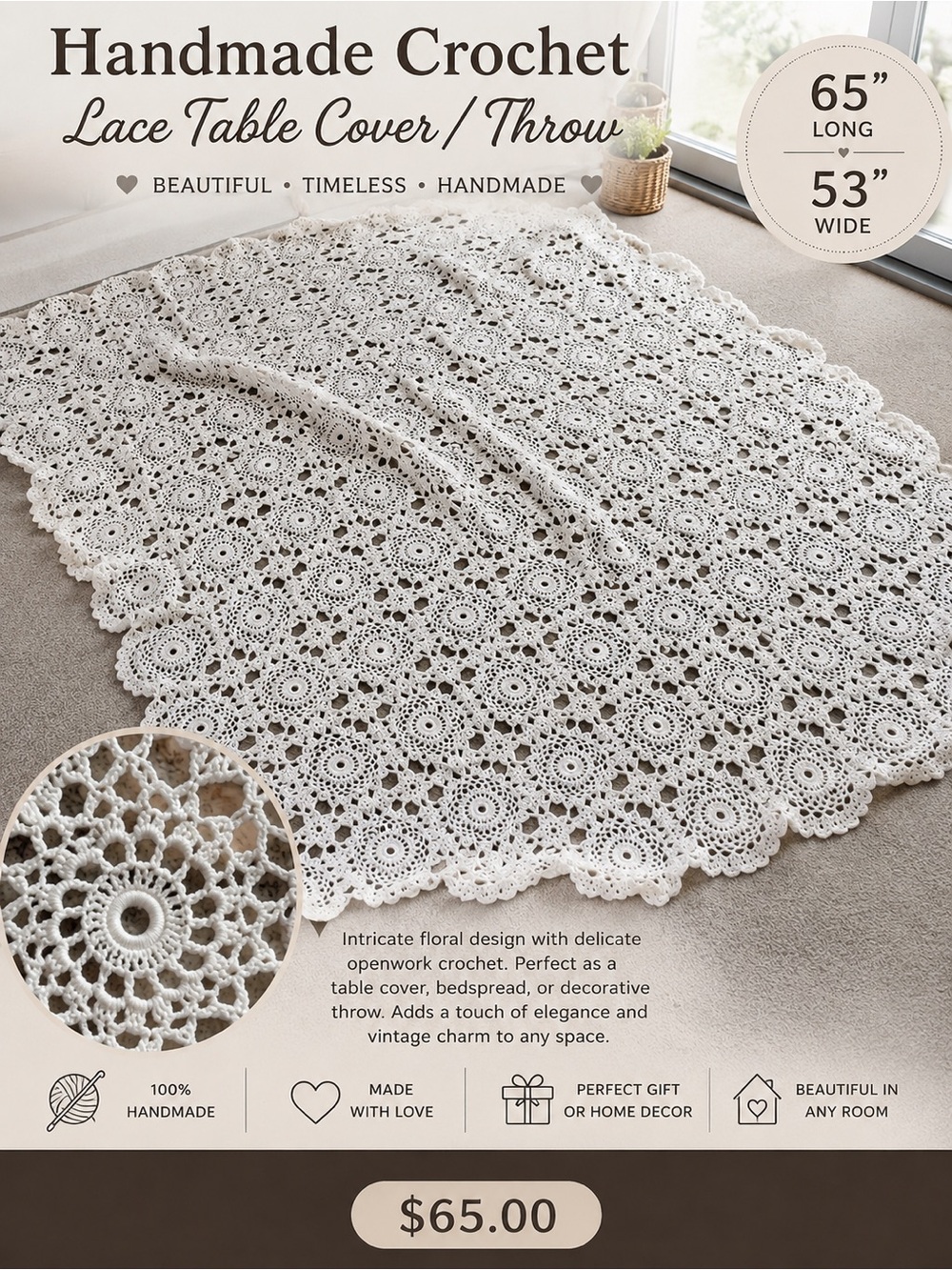 Handmade White Crochet Lace Table Cover 65” x 53” – Floral Vintage Style